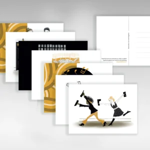 Geassorteerde set met 7 ansichtkaarten inclusief kaarten, enveloppen en notitieboekjes, voorzien van een gestileerd zwart en goud kleurenschema met illustraties van muzikanten.