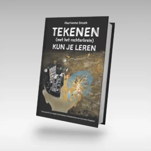 Een staand boek met de titel "Het boek TEKENEN(met het rechterbrein) KUN JE LEREN" van Marianne Snoek, met een omslag met artistieke beelden, waaronder een tekenblok en hersenillustraties.