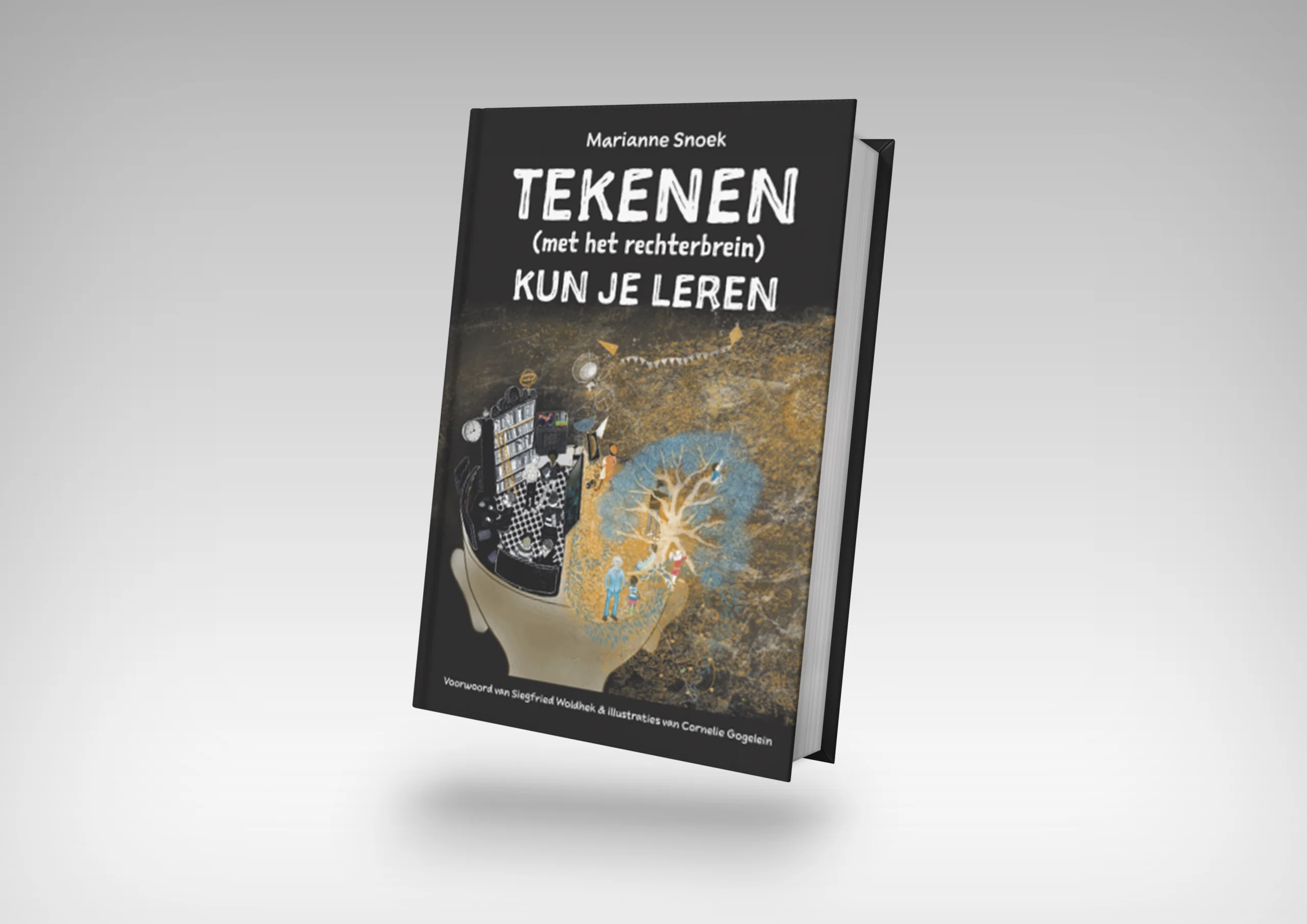 Een staand boek met de titel "Het boek TEKENEN(met het rechterbrein) KUN JE LEREN" van Marianne Snoek, met een omslag met artistieke beelden, waaronder een tekenblok en hersenillustraties.