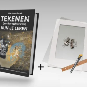 Een Boek + ZoekerPlus pakket getiteld "tekenen (met het rechterbrein) kun je leren" van Marianne Snoek, weergegeven naast een tekenblok met een puzzelstukje, een potlood en een liniaal.