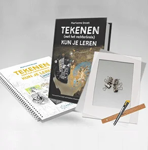 Tekenles Boek + Werkboek + ZoekerPlus pakket, potloden en ringbandclips op een effen achtergrond.