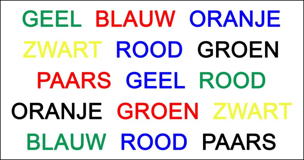 Afbeeldingen met verschillende kleuren uitgetypt in een andere kleur dan het woord zelf