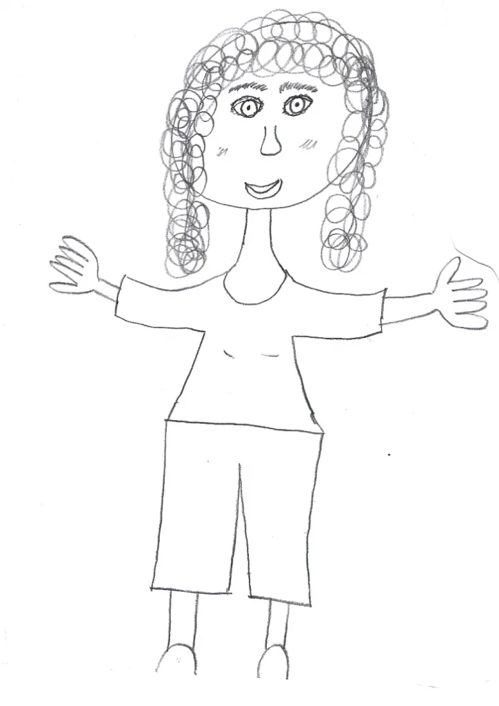 De linkerkant van de hersenen maakt gebruik van symbolen. Hier zie je hoe deze 6-jarige in haar tekening vooral symbolen gebruikt voor o.a. ogen, neus, mond, krullen, handen en voeten.