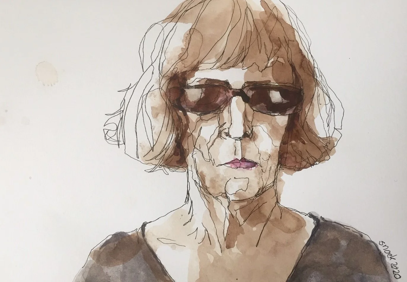 Tekening van tekendocente Marianne Snoek met een zonnebril op.